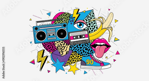 A vibrant, retro-themed collage featuring 80s and 90s pop culture elements like a boombox, cassette, banana, sneakers, and geometric patterns.
