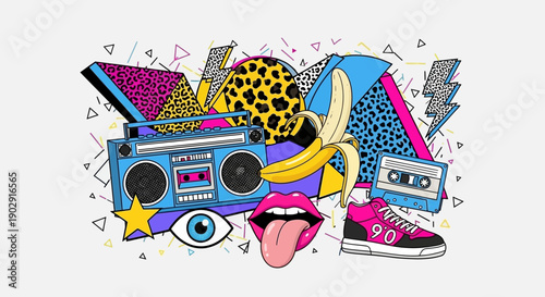 Vibrant retro 80s and 90s pop art collage featuring a boombox, banana, cassette, sneaker, and geometric shapes on a white background.
