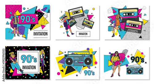 Vibrant 90s themed invitation designs with geometric shapes, boomboxes, cassette tapes, and people in retro fashion.