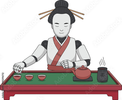 A serene geisha prepares tea in a traditional Japanese setting with tea cups and teapot on a low table