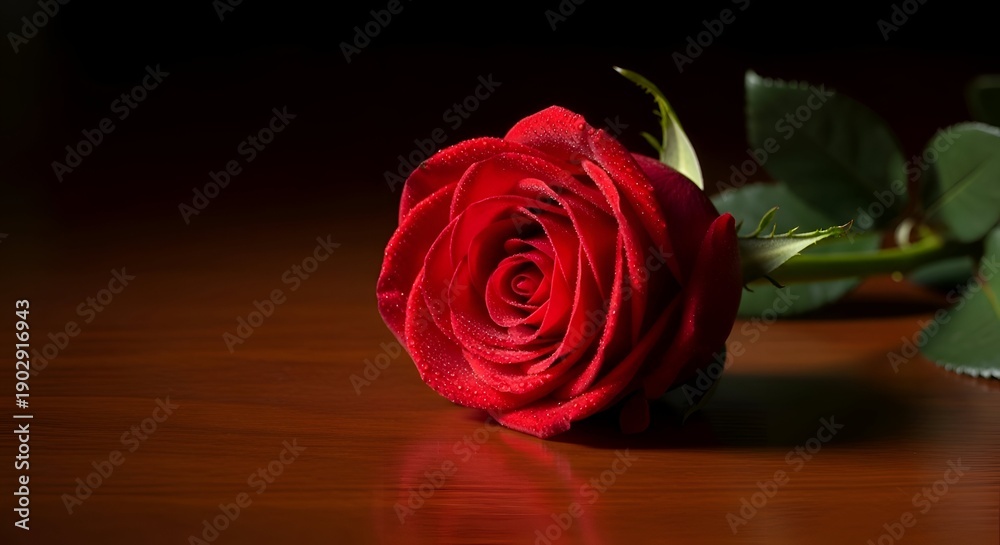 Fototapeta premium Romantic Red Rose with Water Drops on Dark Elegant Wooden Background with Copy Space