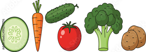 Hand drawn fresh vegetables collection with cucumber carrot tomato broccoli vector illustration set