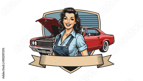 Vector illustration of a pin-up style woman in front of a red vintage car with an open hood