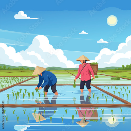 Vector illustration of farmers cultivating paddy fields under a clear blue sky with a serene landscape view