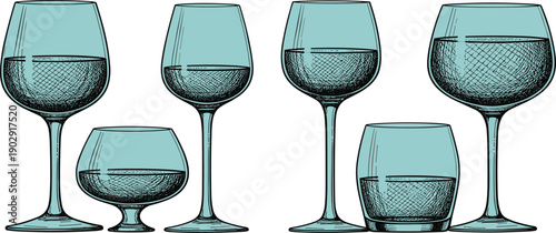 Hand drawn wine glasses with liquid collection elegant drinkware sketch vector illustration set
