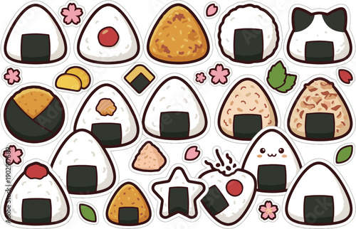 Cute Onigiri Rice Ball Vector Set. Classic seaweed, umeboshi plum, and grilled yaki onigiri stickers