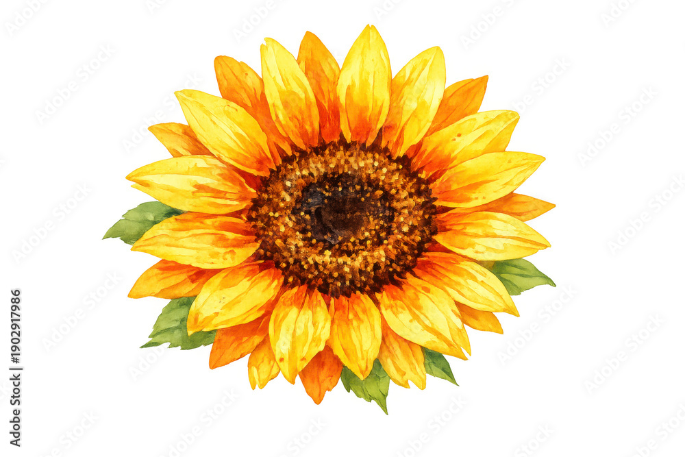 Fototapeta premium Sunflower watercolor painting with yellow petals and green leaves, vibrant floral illustration on transparent background