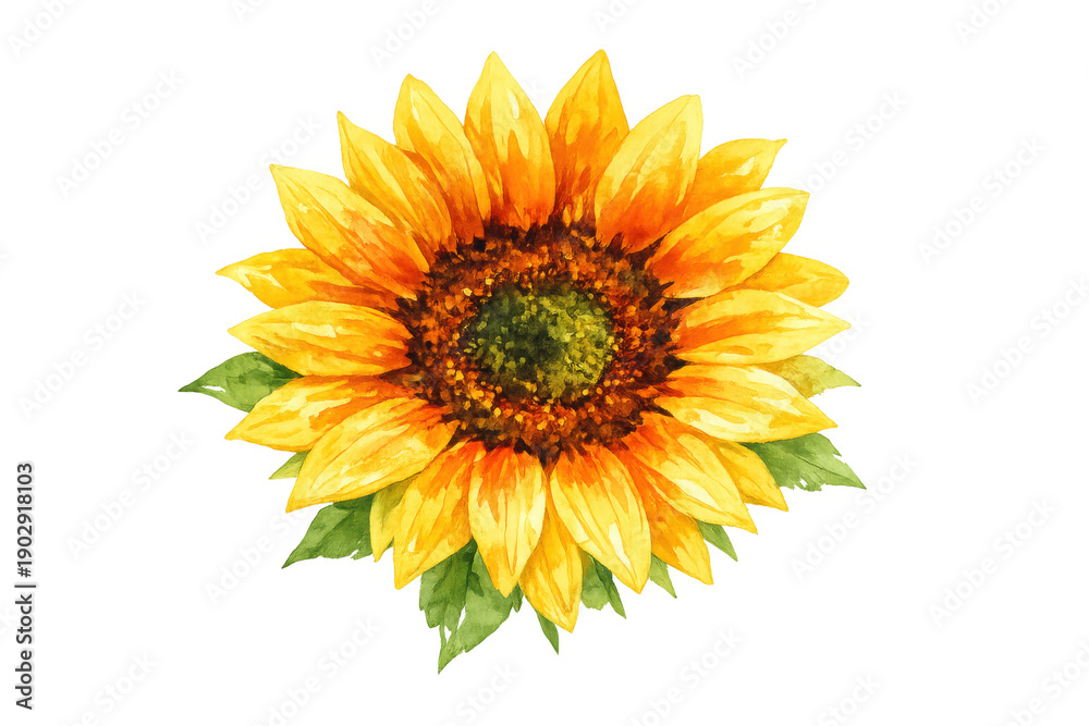 Fototapeta premium Sunflower watercolor painting showing vibrant yellow petals and green leaves, symbolizing summer, nature, and organic beauty, transparent background
