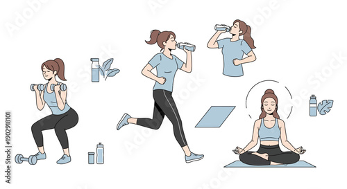 vector illustration of a young woman practicing healthy lifestyle habits