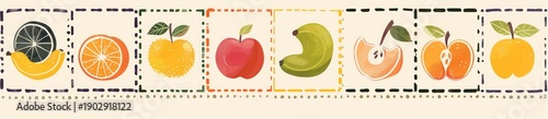 Fruit Illustrations in a Row on Beige Background for Nutrition Concepts