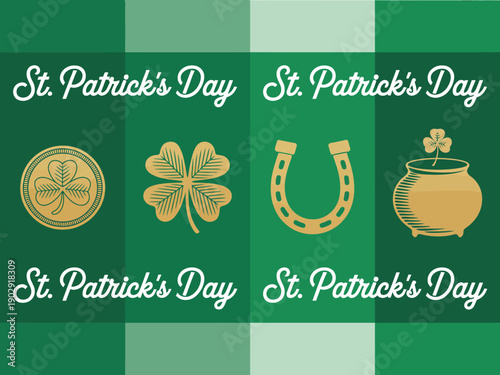 A festive graphic design celebrating St. Patrick's Day with shamrocks, a pot of gold, and horseshoe on a green background