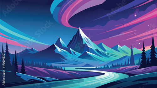 Vibrant fantasy mountain landscape with cosmic aurora and winding road