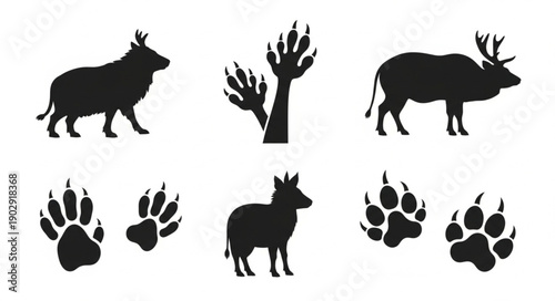 Collection of Animal Silhouettes and Paw Prints.