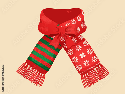 Vector illustration of a red scarf with green stripes and snowflakes, wrapped around a neck, isolated on a neutral background, 94.eps reference