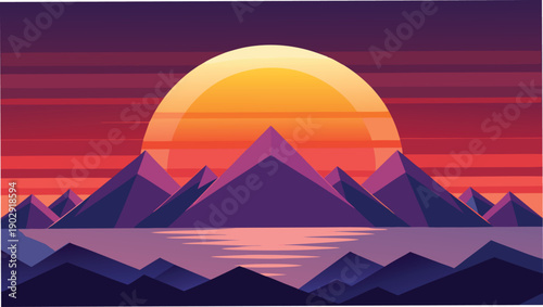 Stylized sunset over mountain peaks with silhouette silhouettes