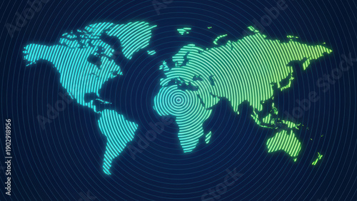 Abstract World Map Illustration with Concentric Rings and Continents in Gradient Colors