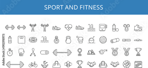 Sport and fitness icons, gym equipment, workout symbols, health tracking, vector set, editable, minimal, isolated, modern, active lifestyle