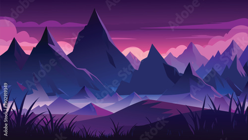 Vibrant fantasy mountain landscape with glowing sky and ethereal light effects