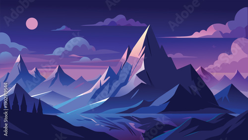 Stylized mountain landscape with celestial moon and clouds - digital art vector