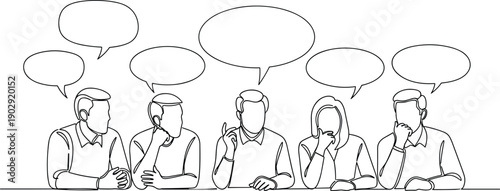 Business team discussion illustration, diverse coworkers brainstorming with speech bubbles, corporate meeting communication concept, line art teamwork collaboration scene