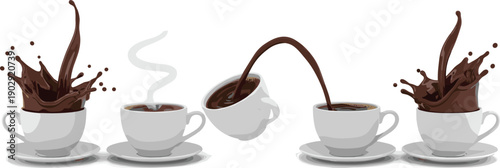 Coffee splash illustration set, hot coffee cup, pouring espresso, dynamic splash art, steaming cup, beverage motion graphics design