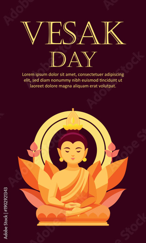 Vesak day celebration featuring a serene buddha statue meditating on a vibrant lotus flower