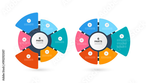 6 part six colored pie chart arranged in steps for designing infographics about processes or steps in process. Clearly separated by different colors, vector illustration for present design