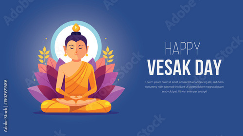A serene illustration of buddha meditating on a lotus flower, celebrating happy vesak day with a glowing aura