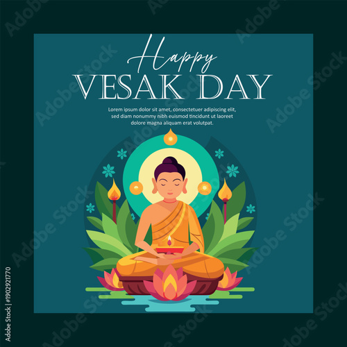A vibrant illustration celebrating happy vesak day with buddha in serene meditation amidst lush foliage and glowing lotuses