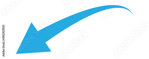 A single blue curved arrow pointing downwards. Blue arrow isolated on a white background. This arrow  use symbolizing direction, navigation , movement, downfall. Vector illustration.