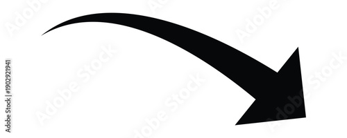 A black curved arrow pointing down and right direction. Arrow directional symbol for guidance, navigation, presentation design, infographic element, and modern visual communication concepts. Vector .
