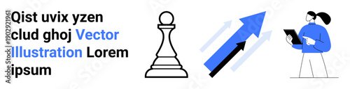 Business growth, strategy planning, market analytics, decision-making, corporate success, teamwork. Chess pawn, upward arrows and a woman using a tablet. Business growth and strategy planning theme