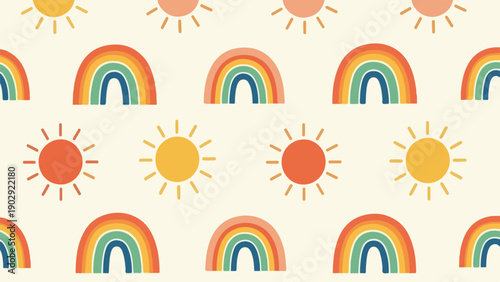 Cheerful Bohemian Rainbow and Sun Seamless Pattern Background