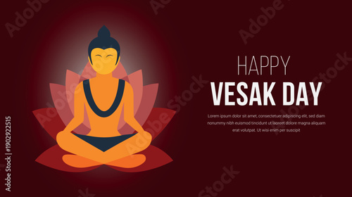 Happy vesak day greeting with a minimalist illustration of buddha meditating on a vibrant lotus