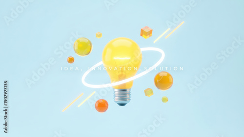 Idea Spark Innovation and Solution Conceptual 3D Render with Bulb on Light Blue