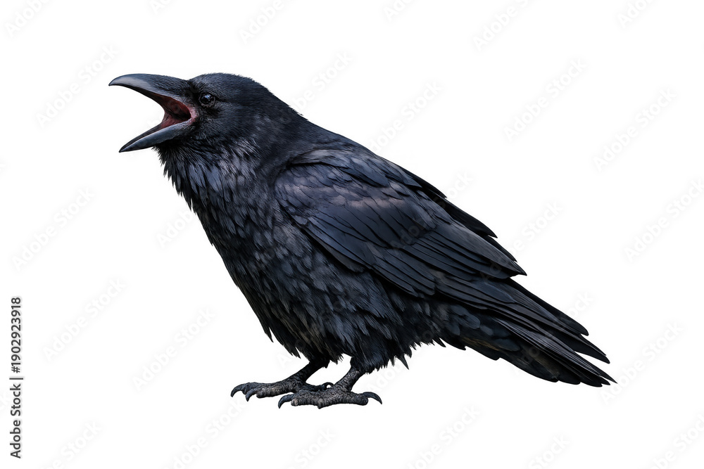 Naklejka premium Black raven, corvus corax, standing with open beak, making a call. Bird features dark feathers, isolated with transparent background