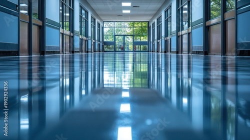 A long, empty hallway with tiled floors and large windows at the end. The floor is highly polished and reflects the light coming from the windows.