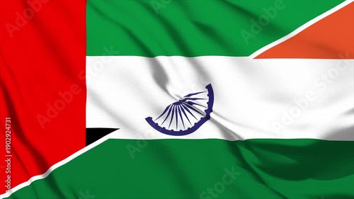 United Arab Emirates and India flags waving together showing national unity and cooperation motion footage