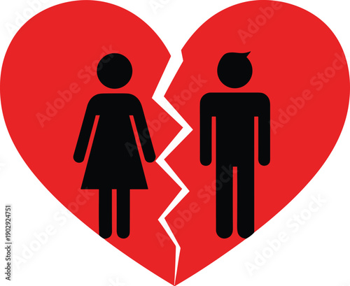 Broken heart relationship concept, couple separation symbol, love breakup illustration, emotional conflict icon, man and woman divorce sign