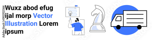 Business strategy, planning, logistics, supply chain, teamwork, innovation. A man gestures to a presentation, chess knight and delivery truck. Business planning and logistics