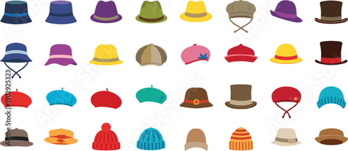 Collection of colorful hats and caps illustration featuring winter beanies, berets, bucket hats and fashion headwear for style, clothing and accessory concepts