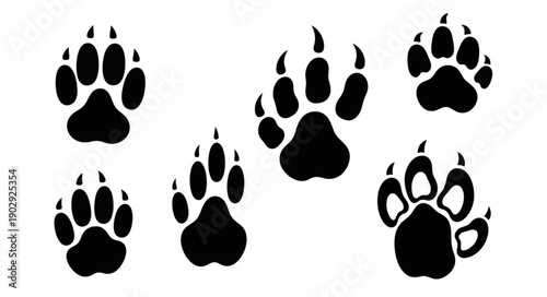 Collection of black animal paw prints on a white background.