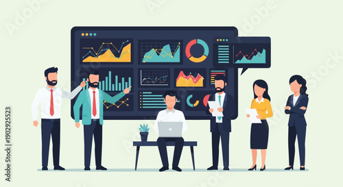 Business team analyzing financial data charts and graphs on a large digital screen for strategic planning and decision making