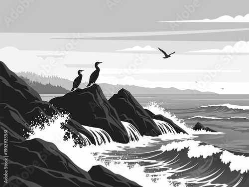 Vector illustration of cormorants perched on rocky cliffside amidst crashing waves and soaring seagull in serene ocean landscape