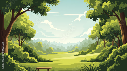 Serene landscape vector illustration of a tranquil park scene with trees, grass, bench, and foliage in a peaceful environment from a distant viewpoint