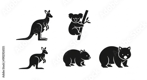 Collection of Australian Animal Silhouettes Kangaroo Koala Wombat.