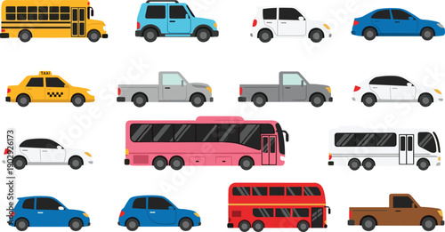 Collection of various vehicle illustrations, including cars, buses, taxis, SUVs, and trucks, colorful transportation icons for graphic design use