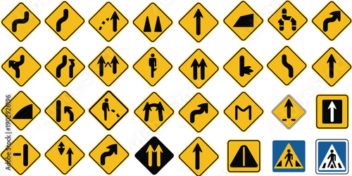 Collection of warning and directional traffic signs including curves, arrows, pedestrian symbols, road merging indicators, safety icons for transport design