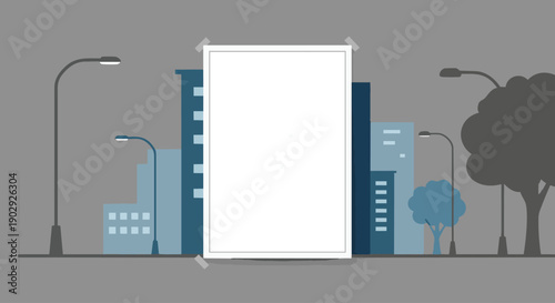 Urban street billboard poster mockup with city buildings and lamps