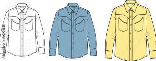 Flat fashion technical sketch of long sleeve button down shirts with pockets in white blue and yellow colors for apparel design and manufacturing